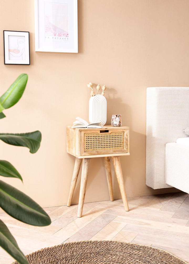 Nachttisch – Mango Massivholz/Rattan, 40x60x30 cm, Braun, 1 Schublade, Wiener Geflecht