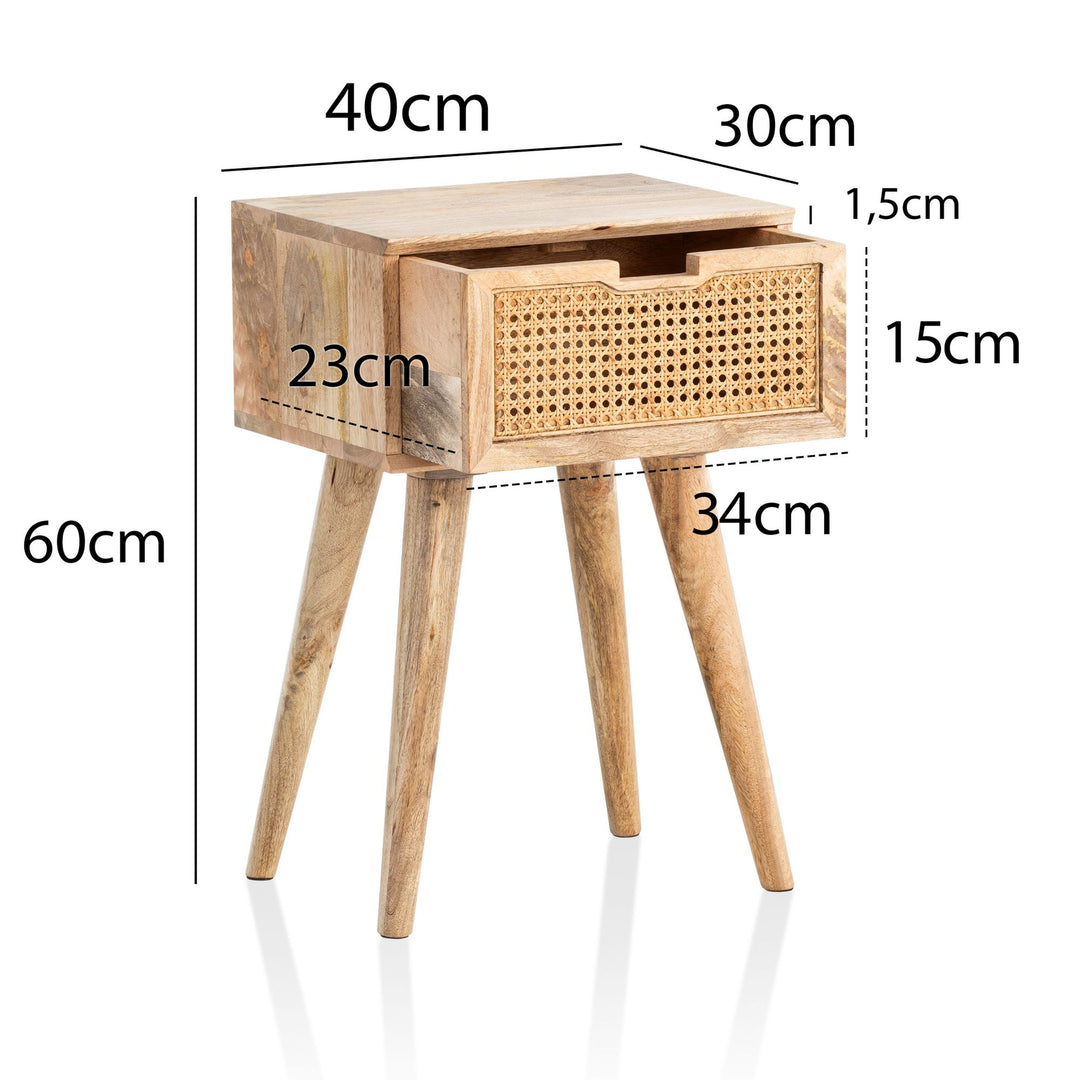 Nachttisch – Mango Massivholz/Rattan, 40x60x30 cm, Braun, 1 Schublade, Wiener Geflecht