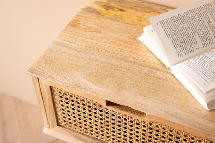Nachttisch – Mango Massivholz/Rattan, 40x60x30 cm, Braun, 1 Schublade, Wiener Geflecht