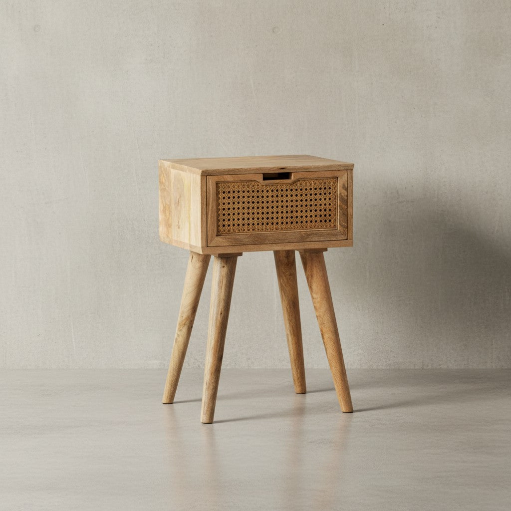 Nachtkonsole Mango Massivholz / Rattan 40x60x30 cm Nachttisch Braun - Nachtkommode Boxspringbett mit Schublade Wiener Geflecht - Nachtkästchen mit Stauraum_