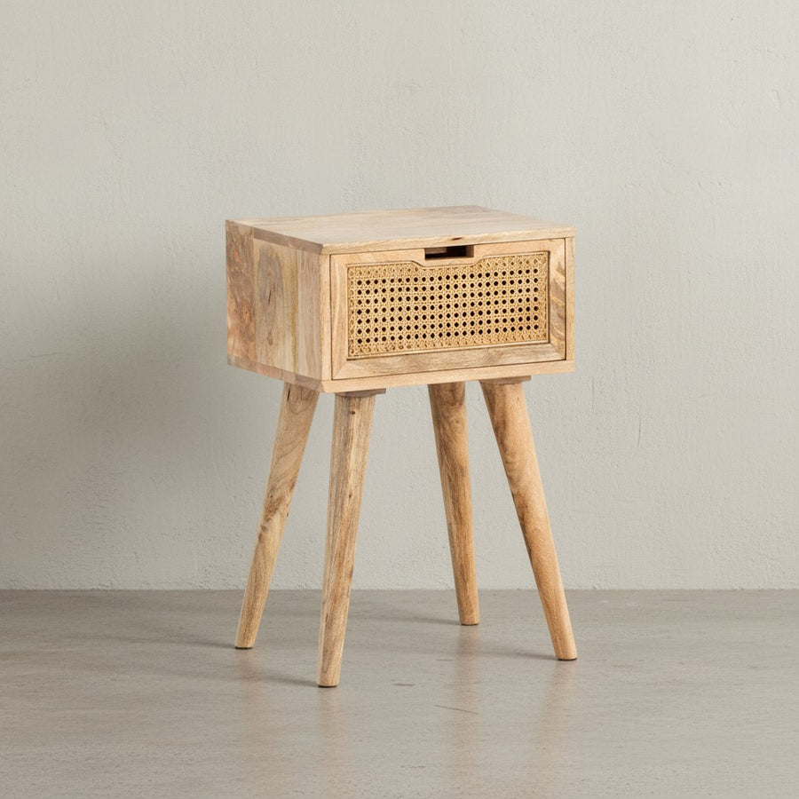 Nachtkonsole Mango Massivholz / Rattan 40x60x30 cm Nachttisch Braun - Nachtkommode Boxspringbett mit Schublade Wiener Geflecht - Nachtkästchen mit Stauraum_