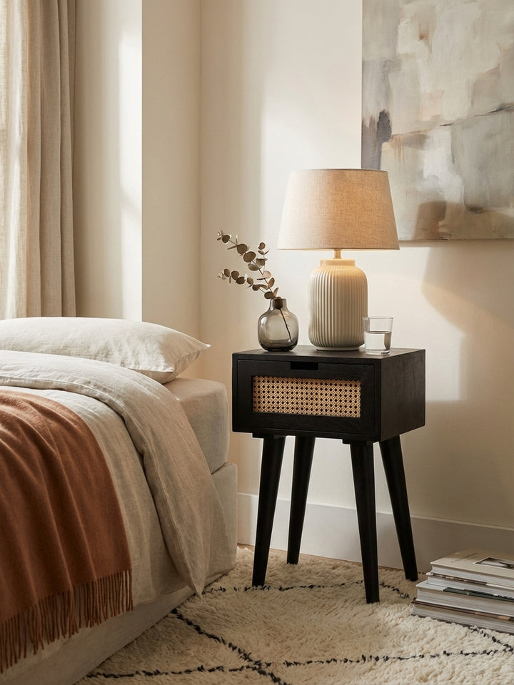 Schwarzer Nachttisch aus Massivholz mit einer minimalistischen Lampe und einem Wasserglas, eine ruhige und aufgeräumte Atmosphäre am Bett schaffend._