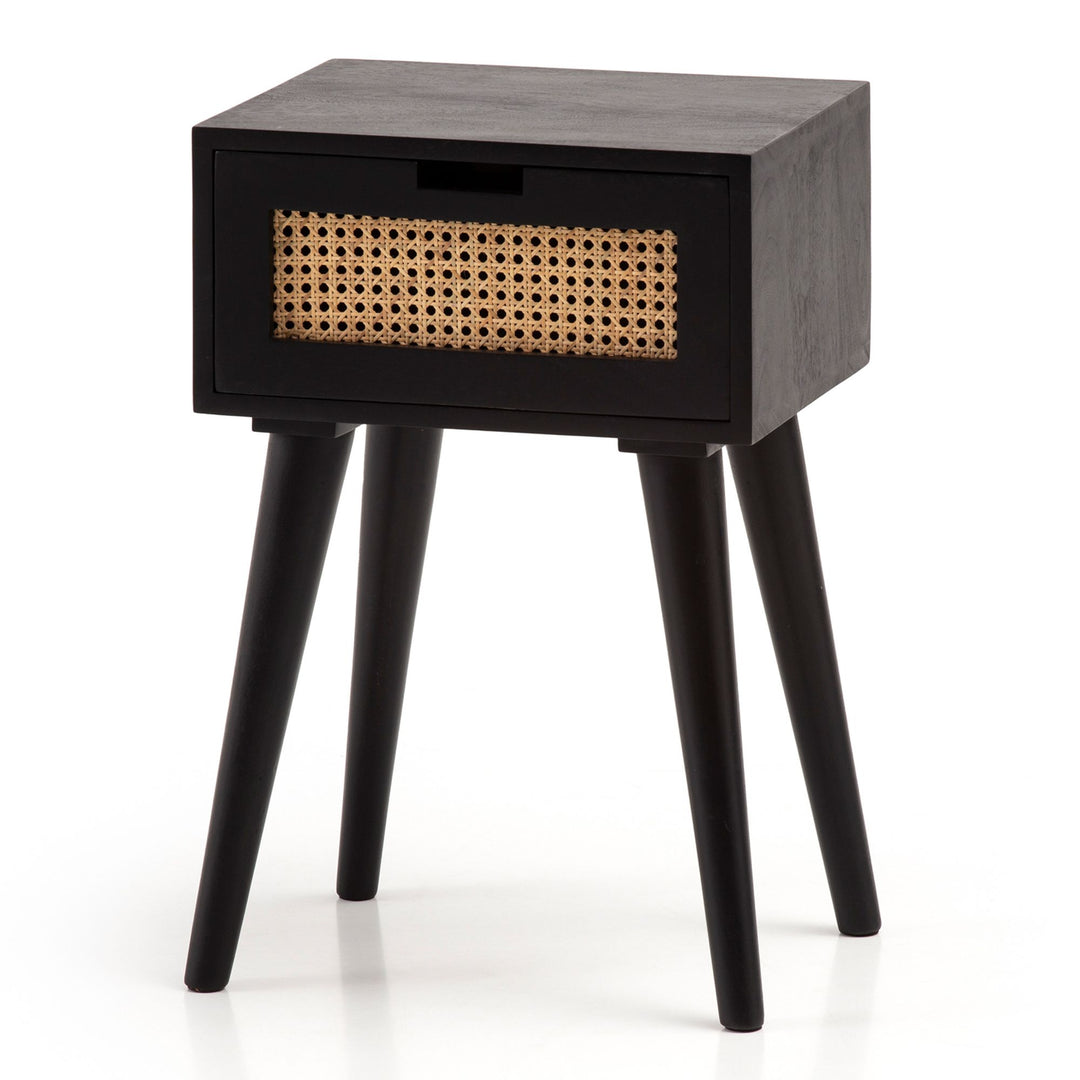 Nachttisch – Mango Massivholz/Rattan, 40x60x30 cm, Schwarz, 1 Schublade, Wiener Geflecht