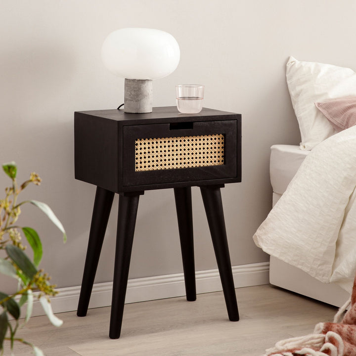 Nachttisch – Mango Massivholz/Rattan, 40x60x30 cm, Schwarz, 1 Schublade, Wiener Geflecht
