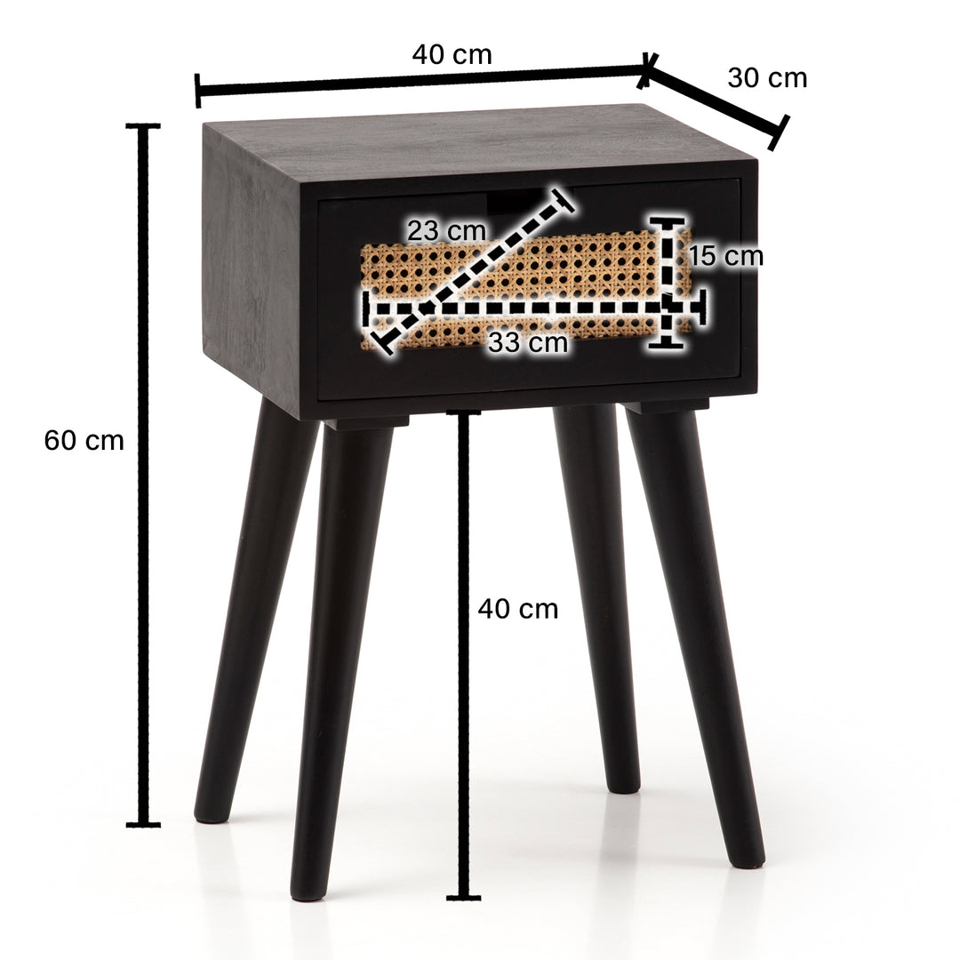 Nachttisch – Mango Massivholz/Rattan, 40x60x30 cm, Schwarz, 1 Schublade, Wiener Geflecht