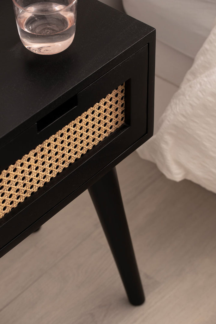 Nachttisch – Mango Massivholz/Rattan, 40x60x30 cm, Schwarz, 1 Schublade, Wiener Geflecht