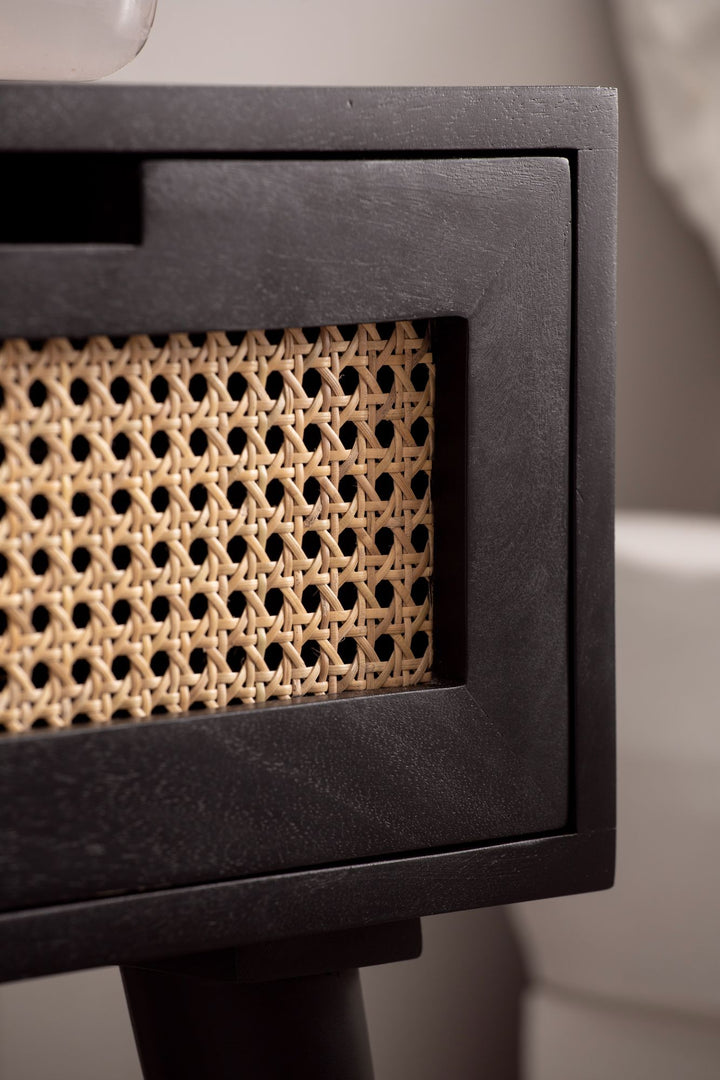 Nachttisch – Mango Massivholz/Rattan, 40x60x30 cm, Schwarz, 1 Schublade, Wiener Geflecht