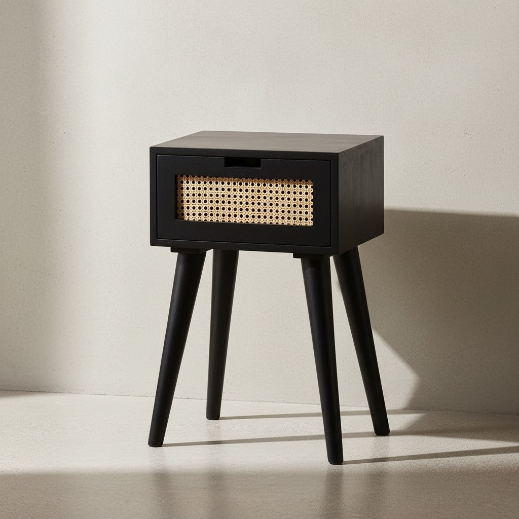 Nachtkonsole Mango Massivholz / Rattan 40x60x30 cm Nachttisch Schwarz - Nachtkommode Boxspringbett mit Schublade Wiener Geflecht - Nachtkästchen mit Stauraum_