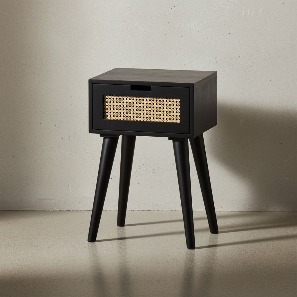 Nachtkonsole Mango Massivholz / Rattan 40x60x30 cm Nachttisch Schwarz - Nachtkommode Boxspringbett mit Schublade Wiener Geflecht - Nachtkästchen mit Stauraum_