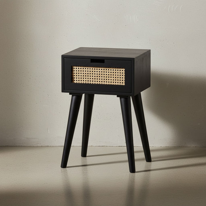 Nachtkonsole Mango Massivholz / Rattan 40x60x30 cm Nachttisch Schwarz - Nachtkommode Boxspringbett mit Schublade Wiener Geflecht - Nachtkästchen mit Stauraum_
