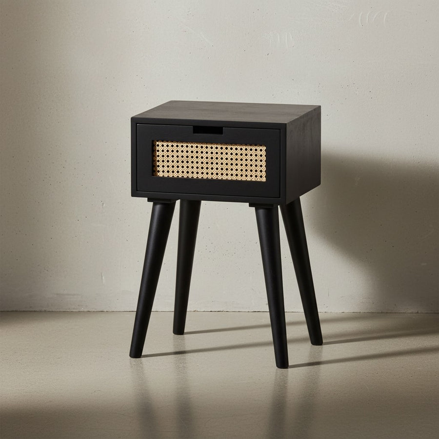 Nachtkonsole Mango Massivholz / Rattan 40x60x30 cm Nachttisch Schwarz - Nachtkommode Boxspringbett mit Schublade Wiener Geflecht - Nachtkästchen mit Stauraum_