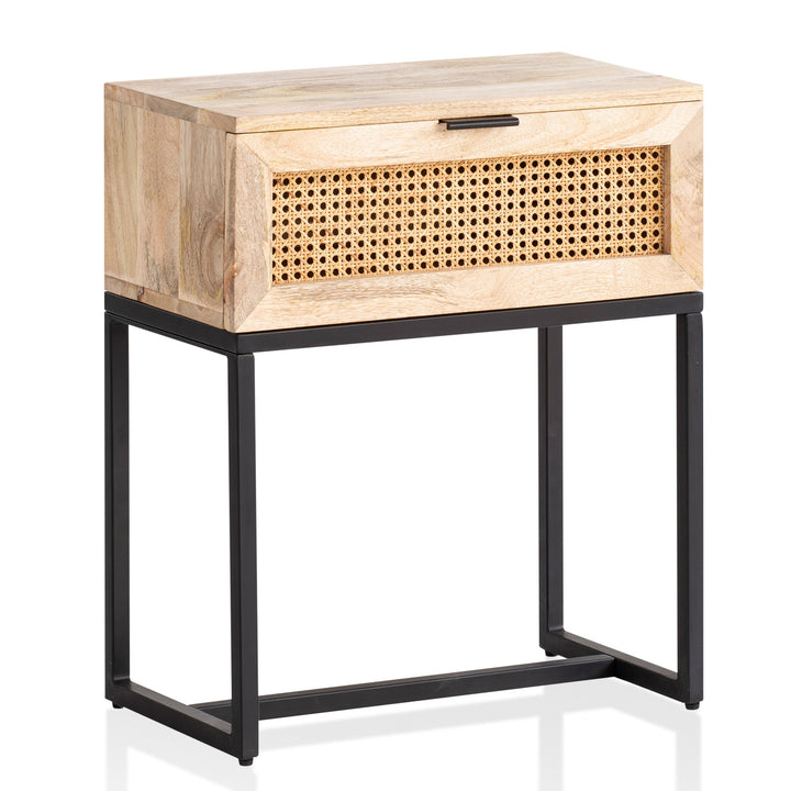 Nachttisch – Mango Massivholz/Rattan, 50x60x30 cm, 1 Schublade, Wiener Geflecht