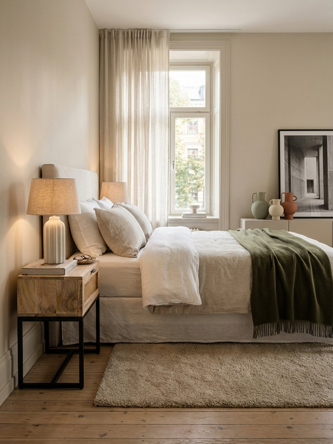 Nachttisch aus Mango Massivholz mit Wiener Geflecht in einem hellen, organisch-modernen Schlafzimmer neben einem Boxspringbett._