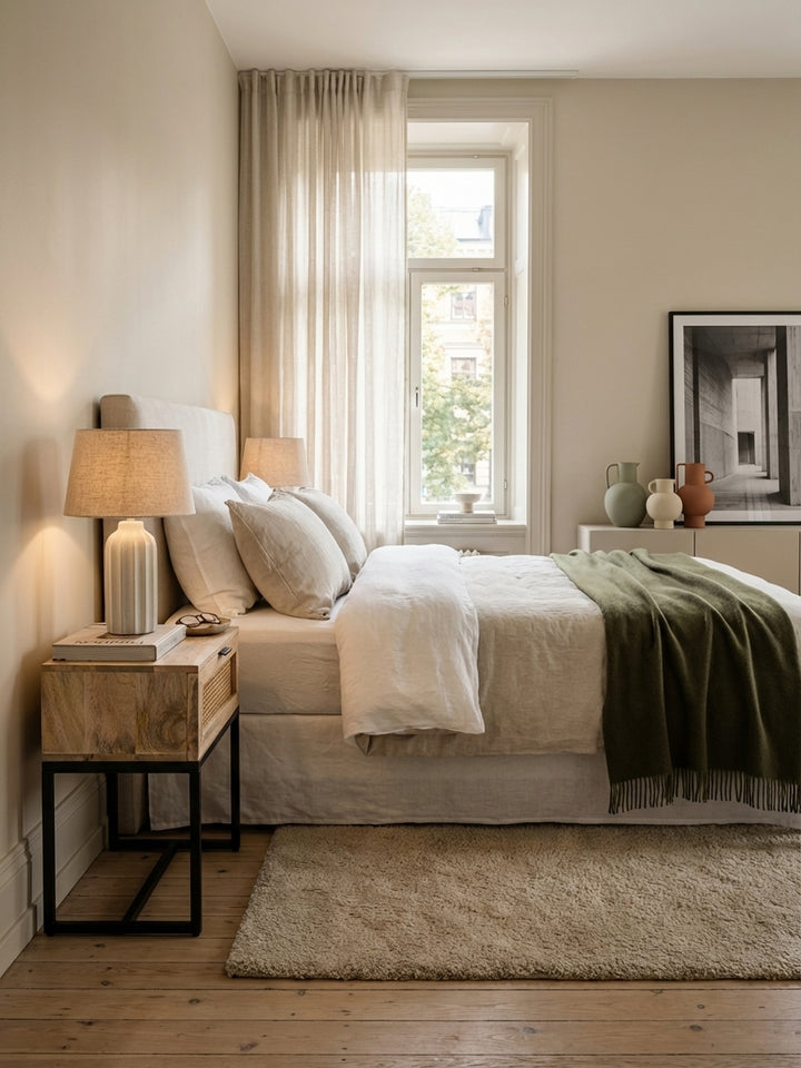 Nachttisch aus Mango Massivholz mit Wiener Geflecht in einem hellen, organisch-modernen Schlafzimmer neben einem Boxspringbett._