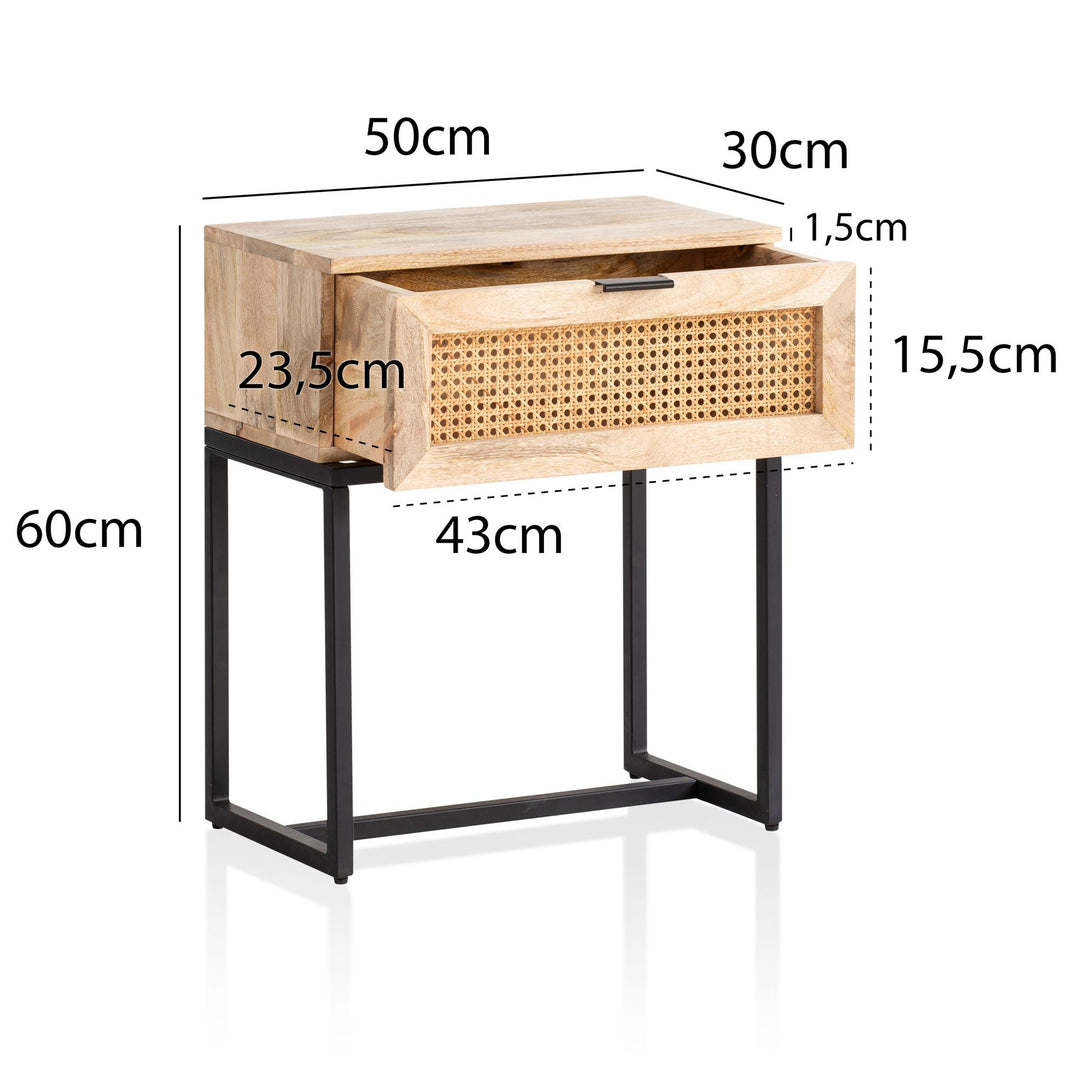 Nachttisch – Mango Massivholz/Rattan, 50x60x30 cm, 1 Schublade, Wiener Geflecht