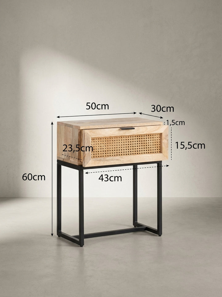 Technische Zeichnung des Nachttisches mit genauen Maßen: 60cm hoch, 50cm breit und 30cm tief, für die exakte Raumplanung._