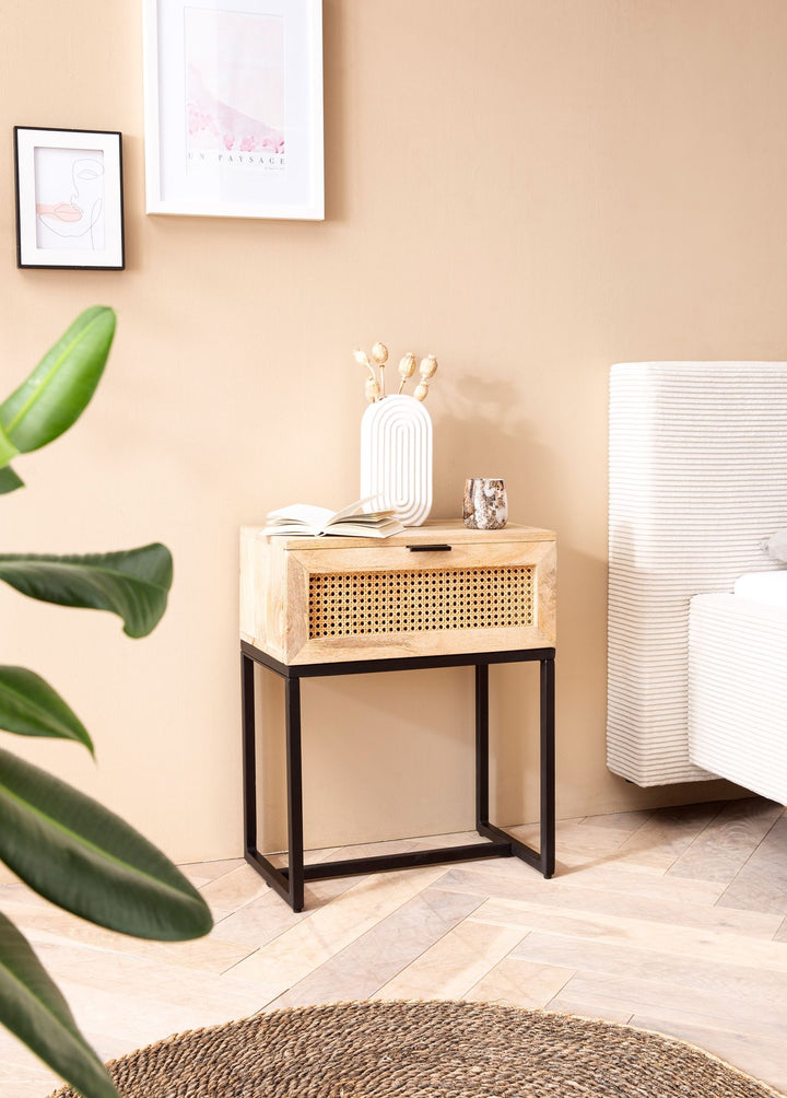 Nachttisch – Mango Massivholz/Rattan, 50x60x30 cm, 1 Schublade, Wiener Geflecht