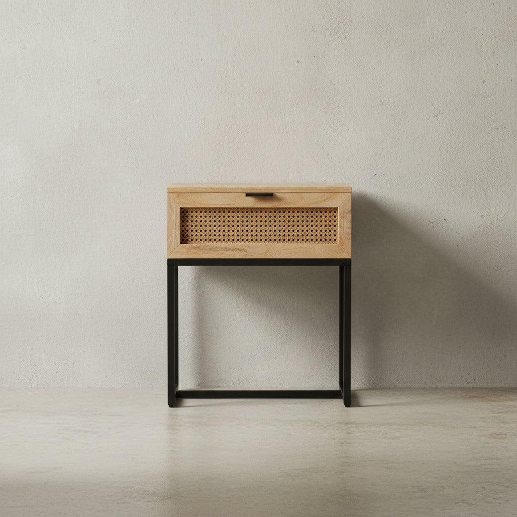 Nachtkonsole Mango Massivholz / Rattan 50x60x30 cm Nachttisch Braun - Nachtkommode Boxspringbett mit Schublade Wiener Geflecht - Nachtkästchen mit Stauraum &amp; Metallgestell_