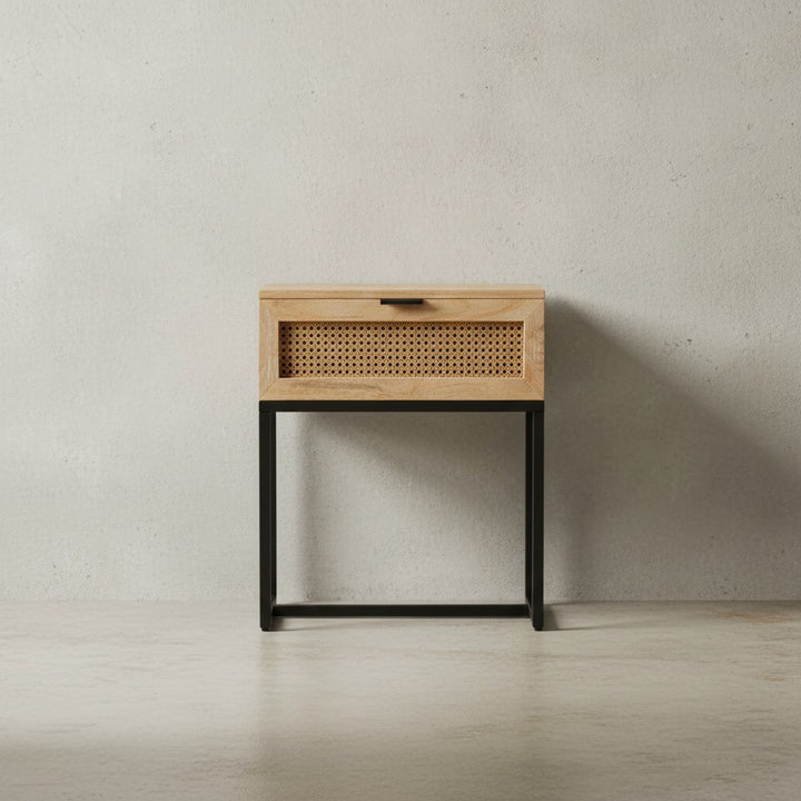 Nachtkonsole Mango Massivholz / Rattan 50x60x30 cm Nachttisch Braun - Nachtkommode Boxspringbett mit Schublade Wiener Geflecht - Nachtkästchen mit Stauraum &amp;amp; Metallgestell_