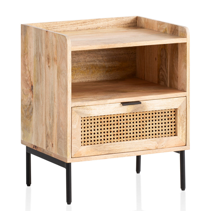 Nachttisch – Mango Massivholz/Rattan, 50x60x40 cm, 1 Schublade, Wiener Geflecht