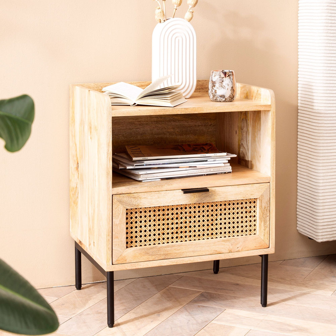 Nachttisch – Mango Massivholz/Rattan, 50x60x40 cm, 1 Schublade, Wiener Geflecht