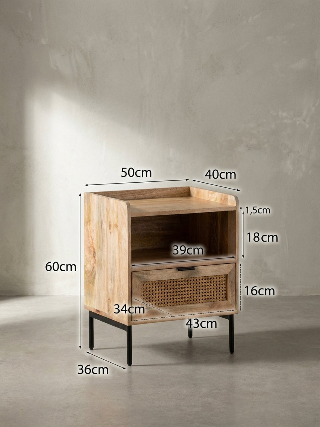 Technisches Maßbild des Nachttisches mit allen relevanten Abmessungen (50x60x40 cm) zur einfachen Raumplanung im Schlafzimmer._
