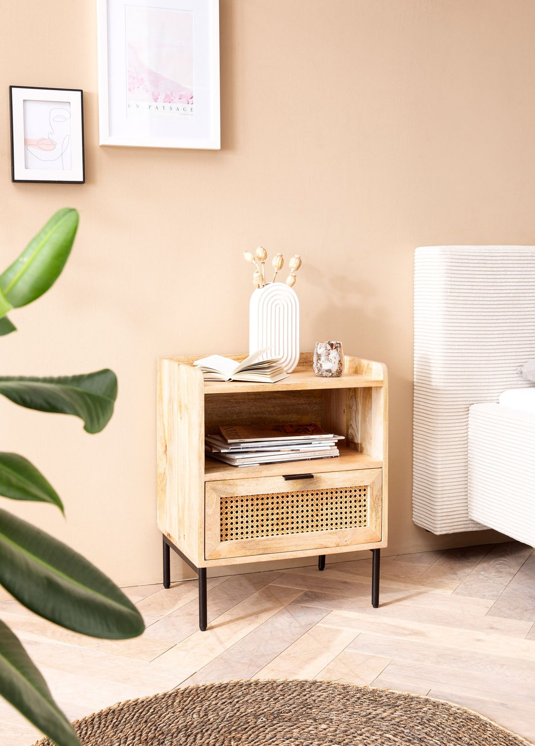 Nachttisch – Mango Massivholz/Rattan, 50x60x40 cm, 1 Schublade, Wiener Geflecht