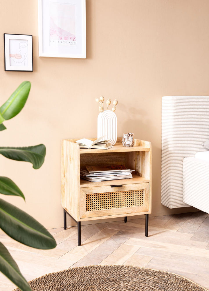 Nachttisch – Mango Massivholz/Rattan, 50x60x40 cm, 1 Schublade, Wiener Geflecht
