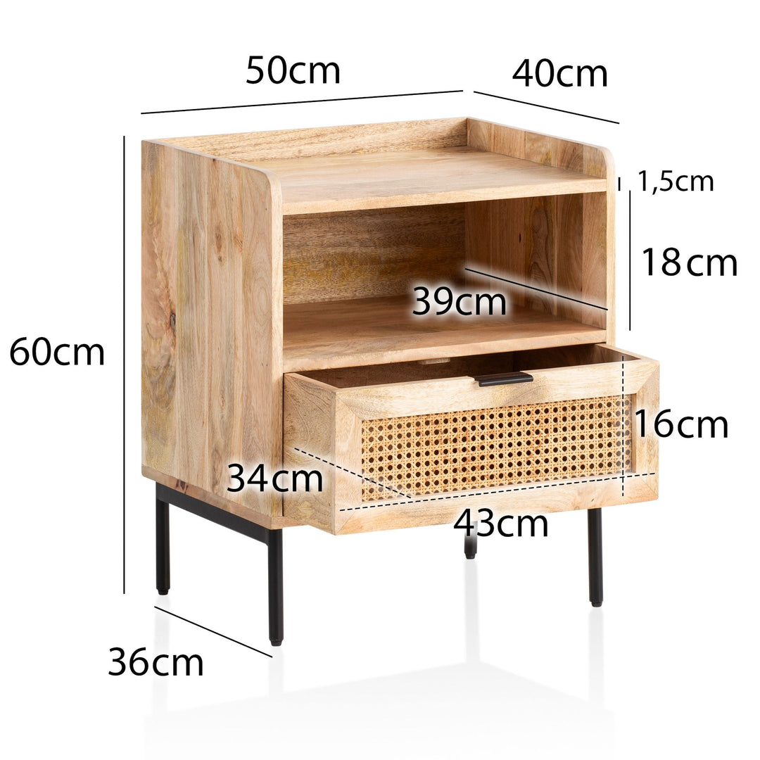 Nachttisch – Mango Massivholz/Rattan, 50x60x40 cm, 1 Schublade, Wiener Geflecht