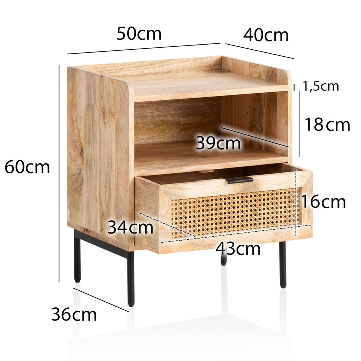 Nachttisch – Mango Massivholz/Rattan, 50x60x40 cm, 1 Schublade, Wiener Geflecht