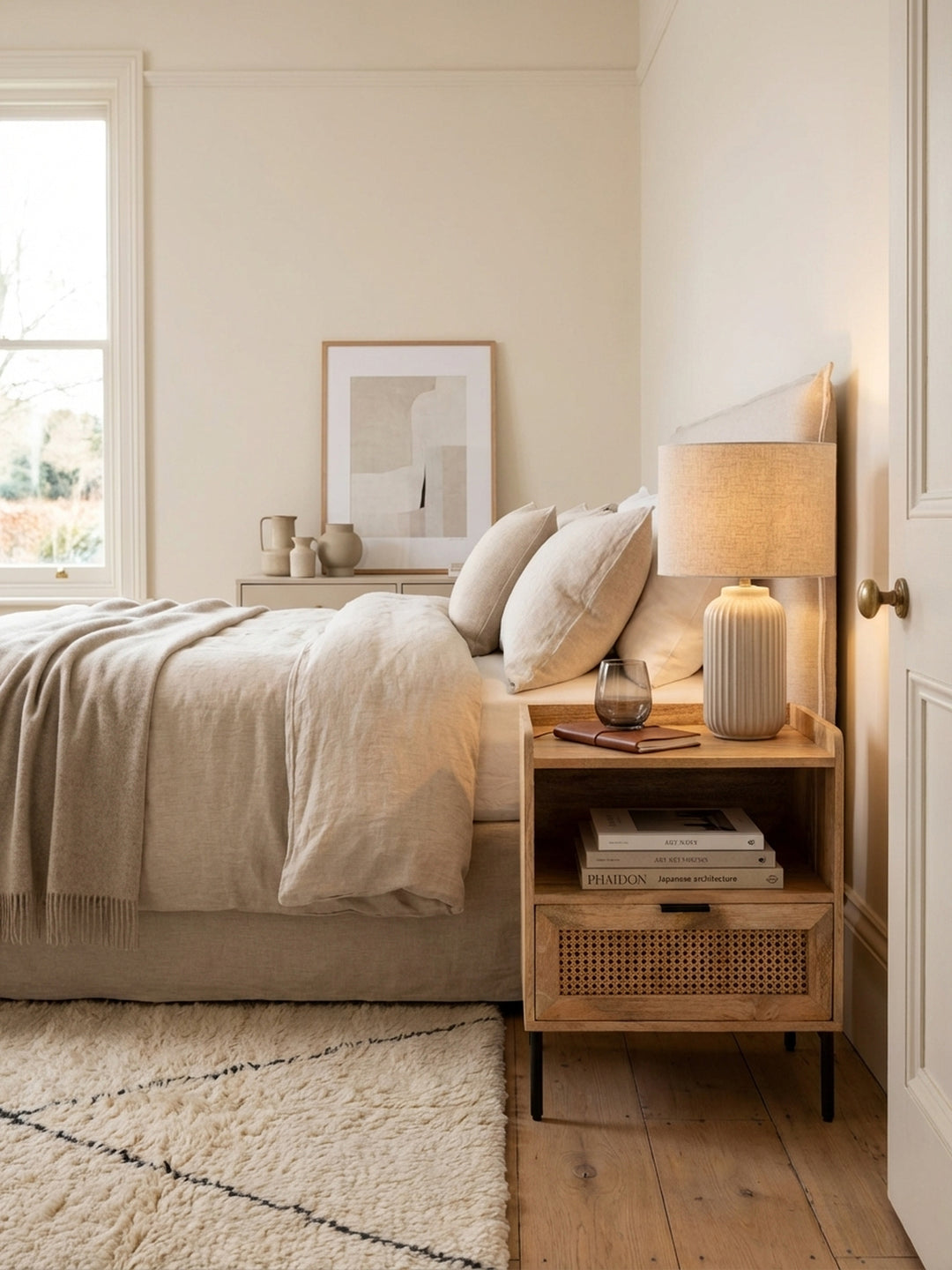 Nachttisch aus massivem Mangoholz und Wiener Geflecht in einem hellen, minimalistischen Schlafzimmer mit Holzboden und beigem Leinenbett._