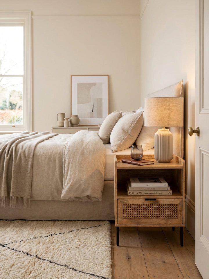Nachttisch aus massivem Mangoholz und Wiener Geflecht in einem hellen, minimalistischen Schlafzimmer mit Holzboden und beigem Leinenbett._