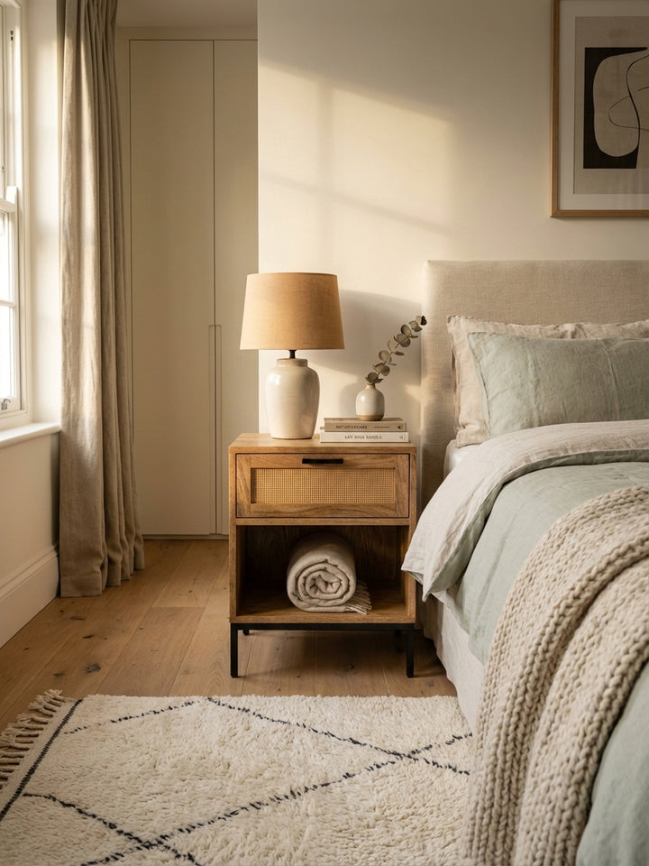 Der Nachttisch aus Rattan und Holz steht harmonisch neben einem modernen Boxspringbett mit weißem, strukturiertem Kopfteil auf Fischgrätparkett._