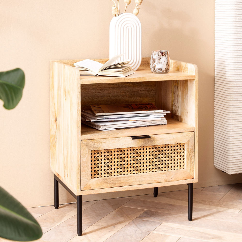 Nachtkonsole Mango Massivholz / Rattan 50x60x40 cm Nachttisch Braun - Nachtkommode Boxspringbett mit Schublade Wiener Geflecht - Nachtkästchen mit Stauraum &amp; Metallgestell_