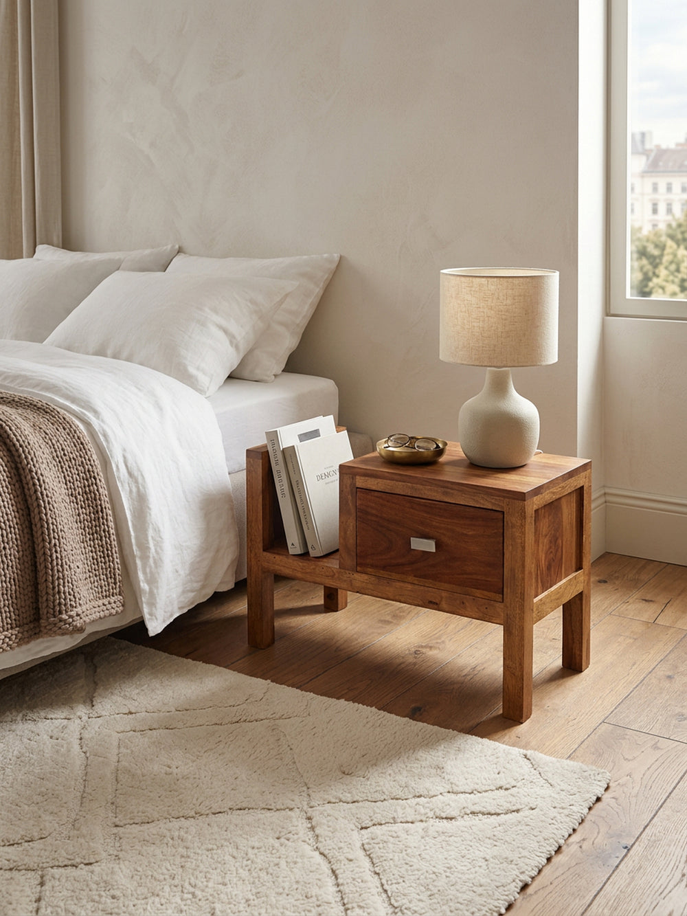 Robuste Sheesham Nachtkonsole_ Landhaus-Optik_ 60x40x30 cm - Mit Schublade &amp; Ablage - KADIMA DESIGN_Größe_ 60x30x40 cm_