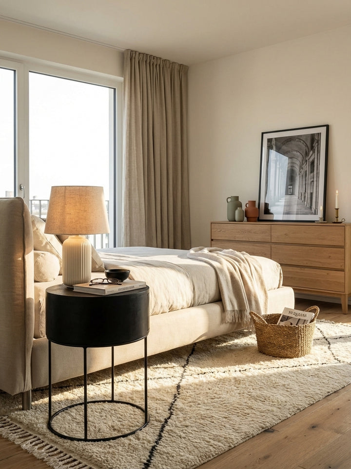 Runder Nachttisch aus massivem Mangoholz in Schwarz, elegant platziert neben einem beigen Leinenbett in einem minimalistisch eingerichteten, lichtdurchfluteten Schlafzimmer._