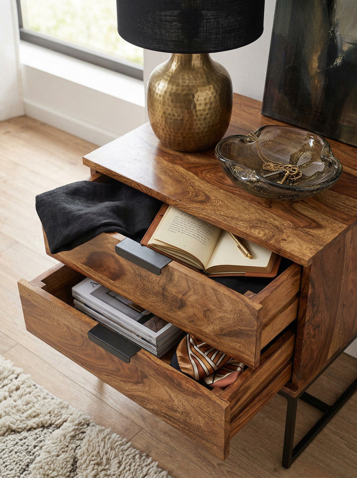Industrial Nachtkonsole aus Sheesham-Holz und Eisen_ 2 Schubladen_ 50x40x51 cm - KADIMA DESIGN_Größe_ 50x40x51 cm_