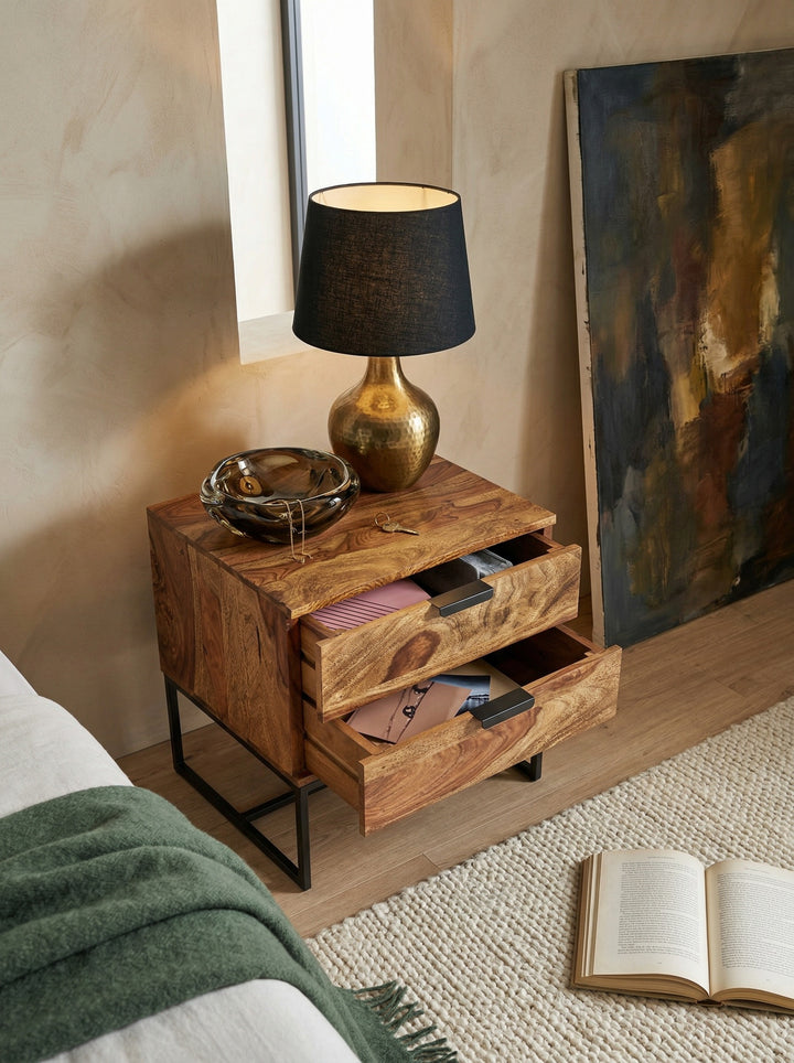 Industrial Nachtkonsole aus Sheesham-Holz und Eisen_ 2 Schubladen_ 50x40x51 cm - KADIMA DESIGN_Größe_ 50x40x51 cm_