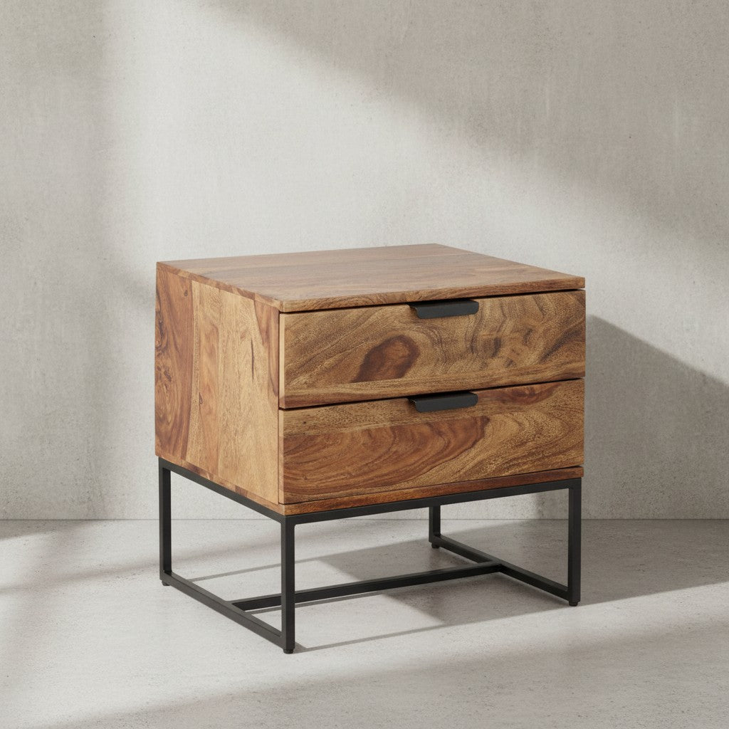 Industrial Nachtkonsole aus Sheesham-Holz und Eisen_ 2 Schubladen_ 50x40x51 cm - KADIMA DESIGN_Größe_ 50x40x51 cm_