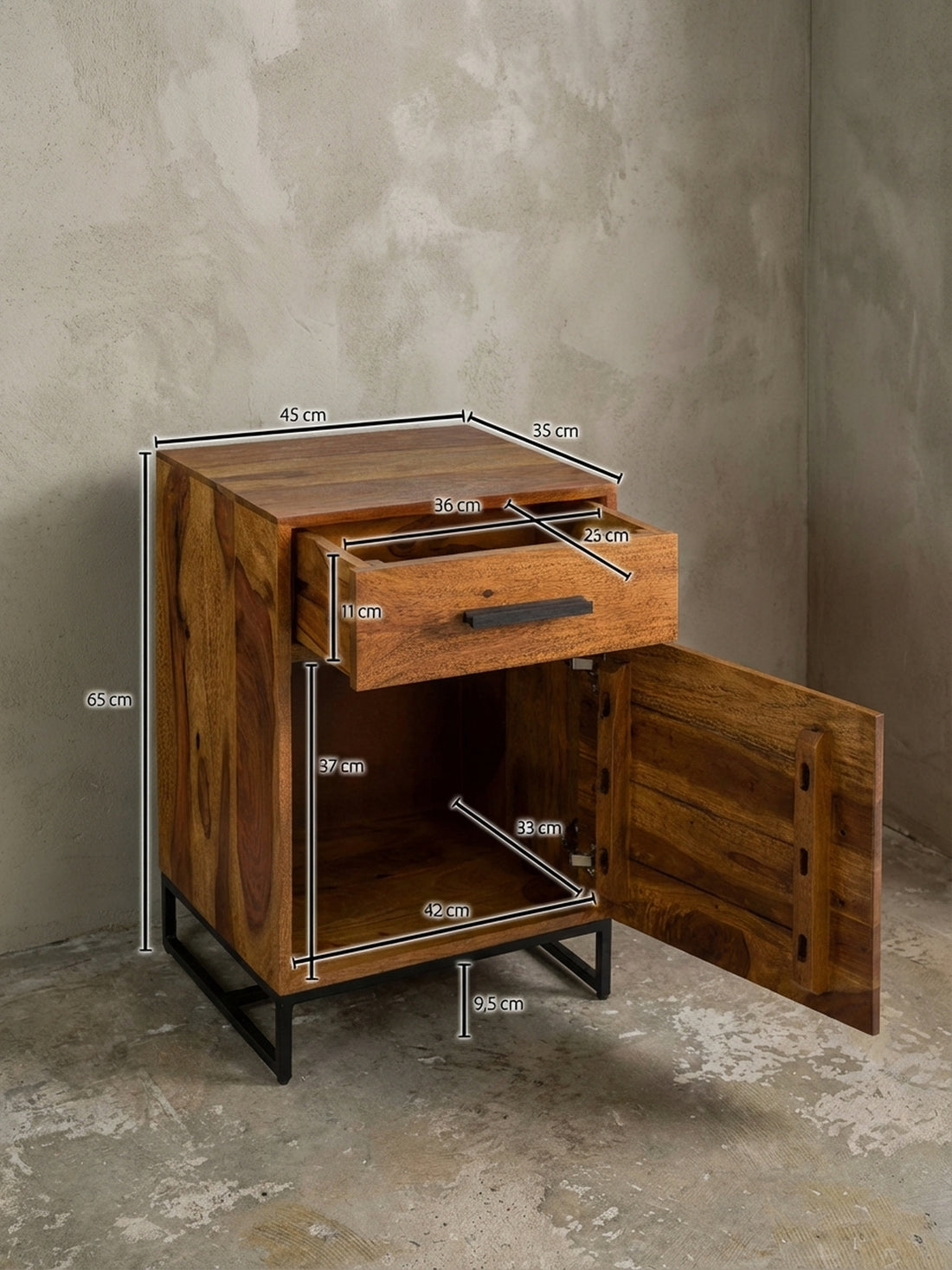 Maßzeichnung Nachttisch – Massivholz/Eisen, Schublade & Tür, Industrial-Stil