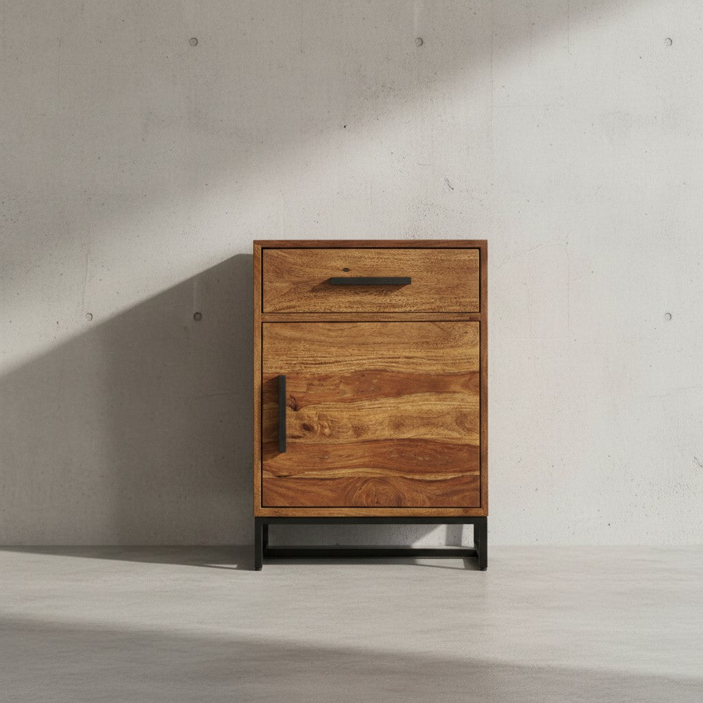 Nachtkonsole aus Sheeshamholz_ pulverbeschichtetes Eisen_ Industrial-Style_ Schublade und Türfach - KADIMA DESIGN_Größe_ 45x35x65 cm_