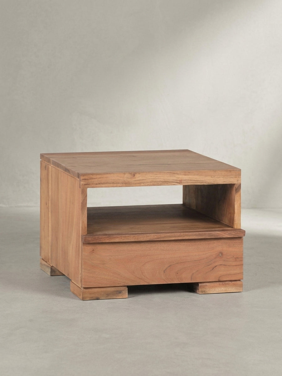 Nachttisch aus warmem Sheesham-Massivholz mit markanter Maserung mit Schublade und Ablagefach 40x40x30 cm Design Möbel Premium Qualität modern Schlafzimmer Einrichtung stilvoll Wohnen_