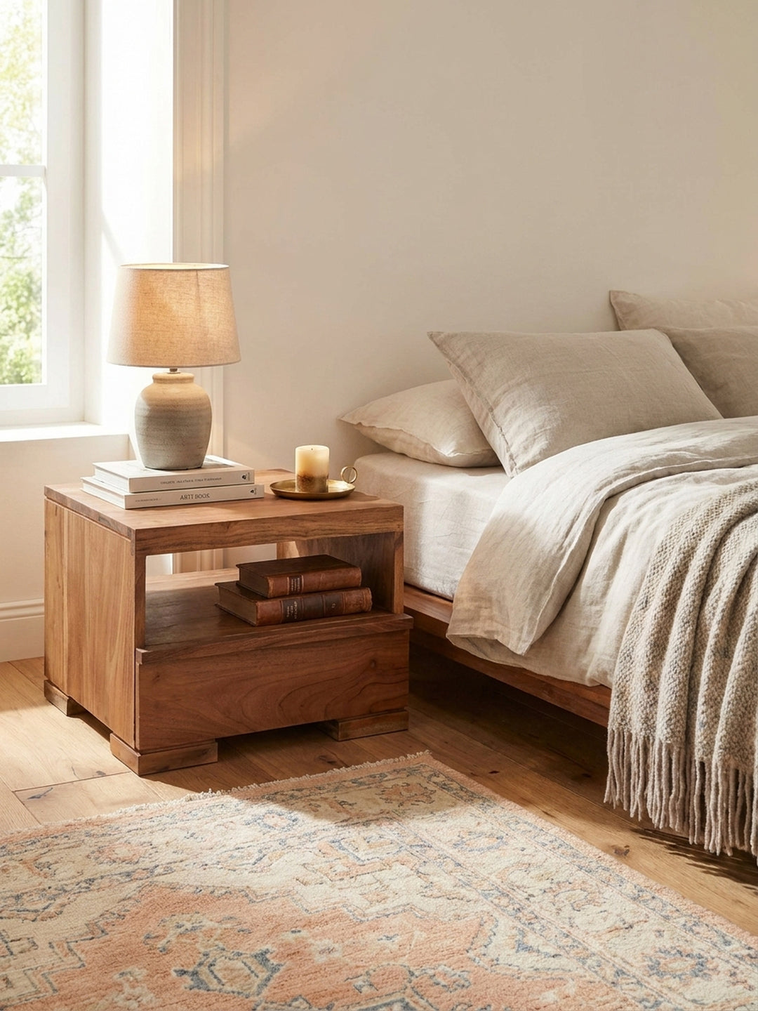 Nachttisch Sheesham Massivholz natur 40x40x30 cm kombiniert mit passenden Möbeln Schlafzimmer Einrichtungsidee Möbelensemble mit Schublade und Ablagefach harmonisch Wohnen Interior Zuhause_