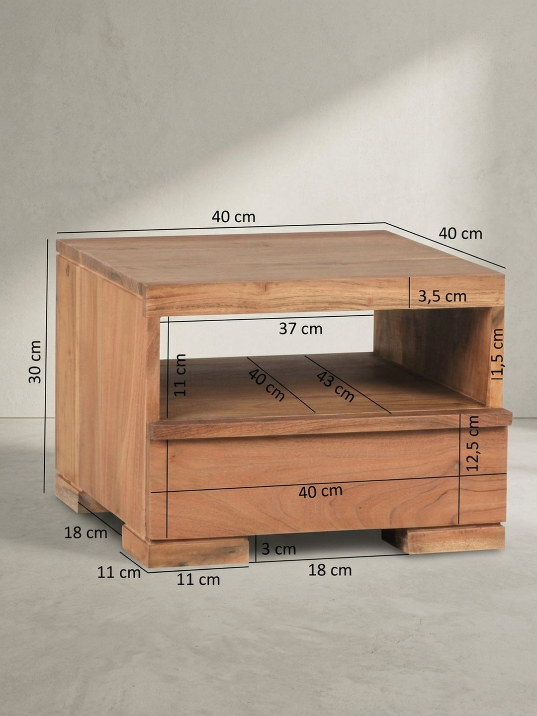 Nachttisch Sheesham Massivholz natur Design modern mit Schublade und Ablagefach 40x40x30 cm Möbel Einrichtung Schlafzimmer stilvoll zeitgenössisch elegant Wohnen Interior Zuhause Wohnzimmer_