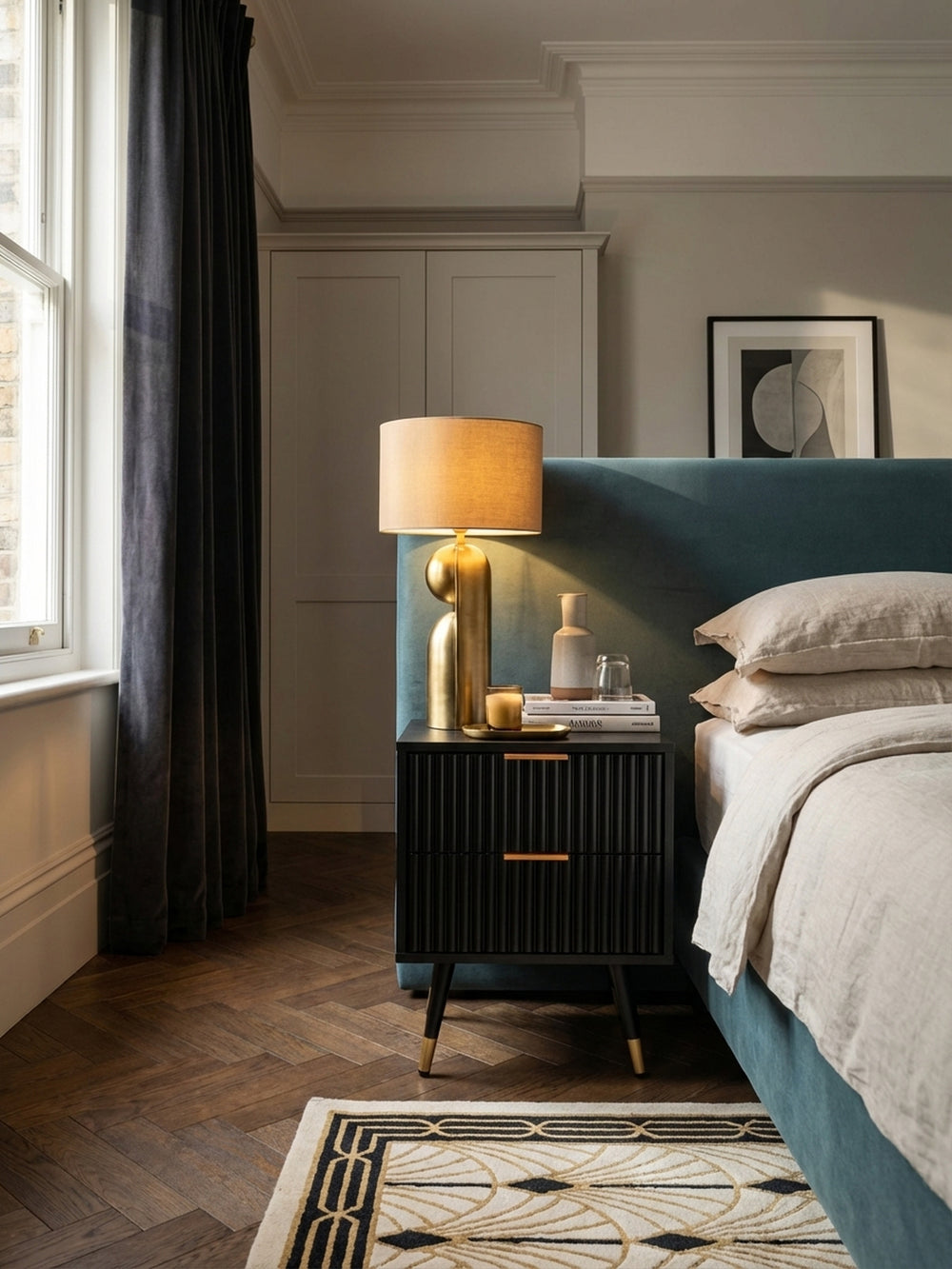 Der schwarze Nachttisch mit goldenen Griffen als stilvolle Ergänzung zu einem dunkelgrünen Samt-Polsterbett in einem stimmungsvollen Ambiente._
