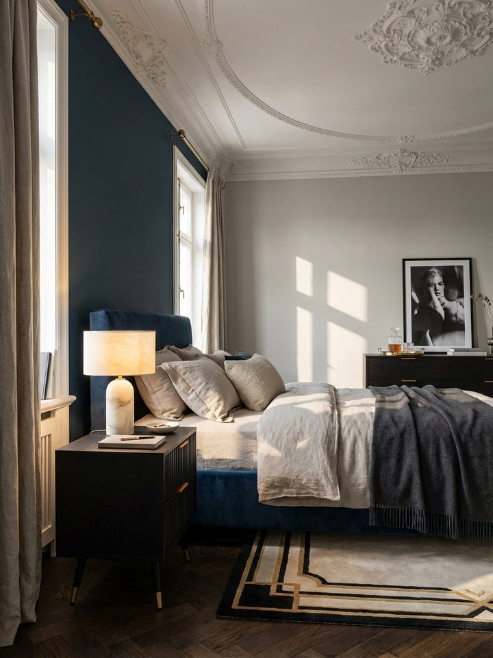 Eleganter schwarzer Nachttisch mit Goldakzenten in einem luxuriösen Art-Déco-Schlafzimmer neben einem Samtbett auf Fischgrätparkett._
