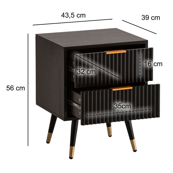 Nachttisch – Schwarz/Eiche-Dekor, 43,5x39x56 cm, mit Schubladen, modern