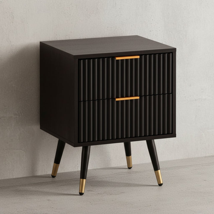 Nachtkonsole Schwarz mit Eiche-Dekor 43-5x39x56 cm Nachttisch Modern - Nachtkommode Boxspringbett mit Schubladen - Nachtkästchen mit Stauraum_