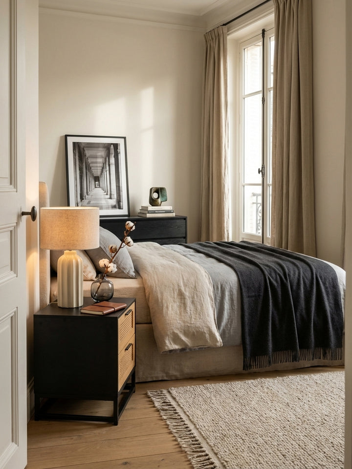 Eleganter Nachttisch in Schwarz und Holzoptik mit Wiener Geflecht, stimmungsvoll beleuchtet neben einem grauen Boxspringbett in einem modernen Schlafzimmer mit Holzboden._