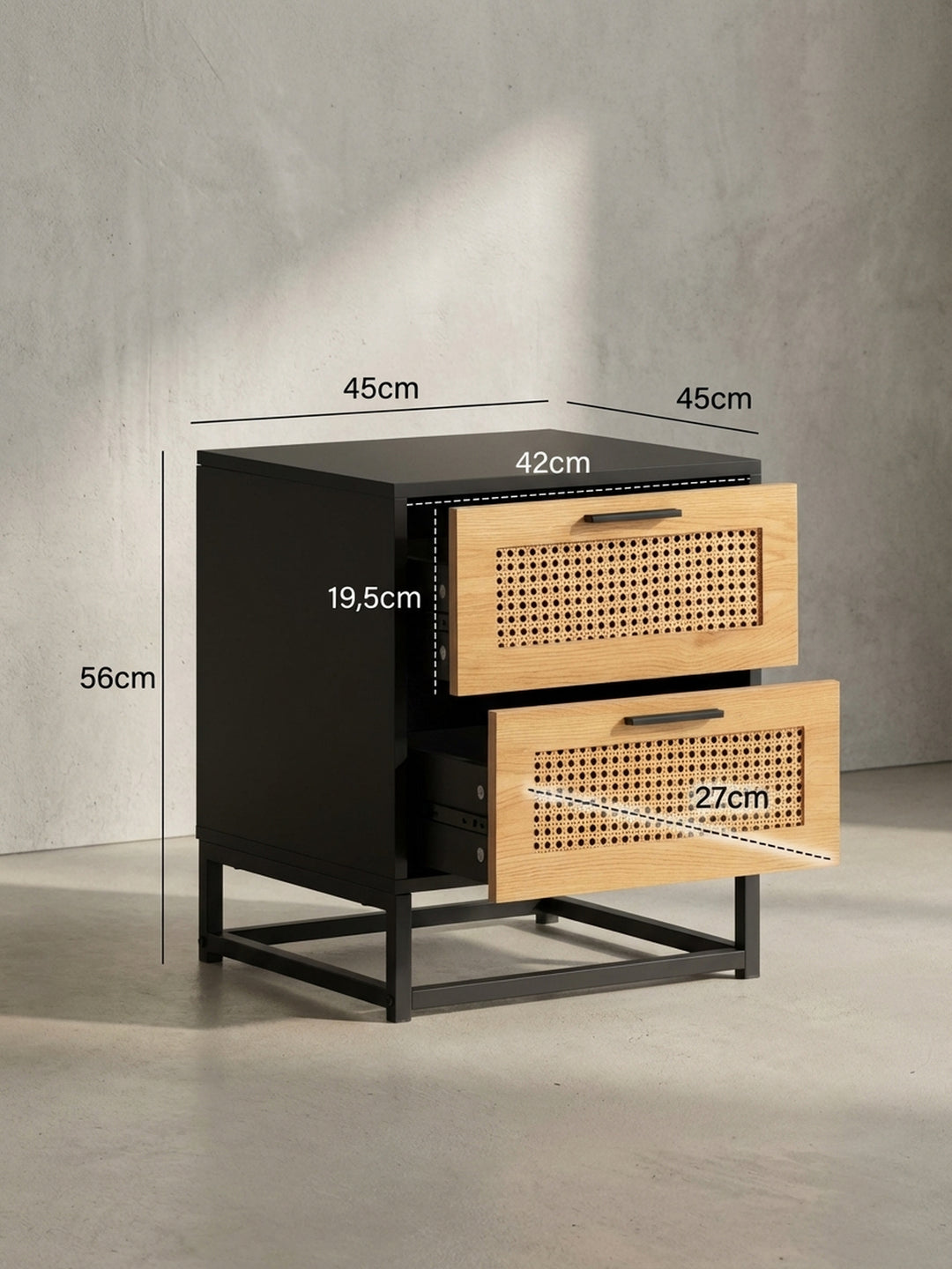 Technische Zeichnung des Nachttisches mit exakten Maßen: Höhe 56 cm, Breite 45 cm und Tiefe 45 cm, ideal zur Planung des Platzbedarfs im Schlafzimmer._